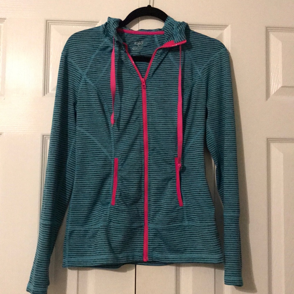 Turquoise striped athletic zip up hoodie